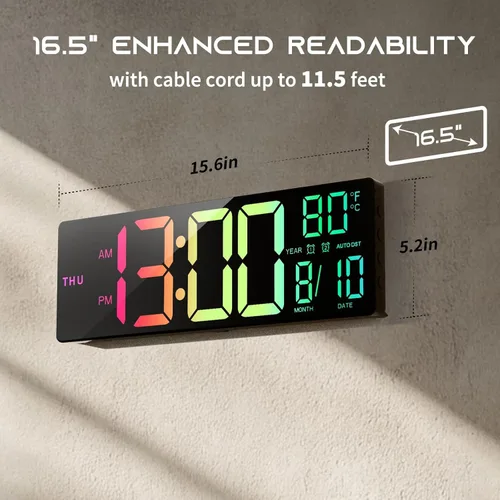 Miniatura 5 de EASYERA Reloj de pared digital grande de 16.5 pulgadas con sincronización BT, reloj de grano de madera con 11 escenas de luz RGB, control remoto