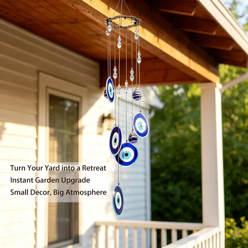 Miniatura 4 de YU FENG Carillón de viento con ojo maligno azul para exteriores, adorno colgante de 19" de metal, campanillas de viento para jardín al aire libre