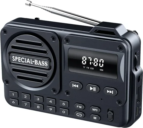 Radio de bolsillo FM con carga USB-C de 2000mAh recargable, excelente recepción, altavoz claro y conector para auriculares, pantalla LCD, radio FM