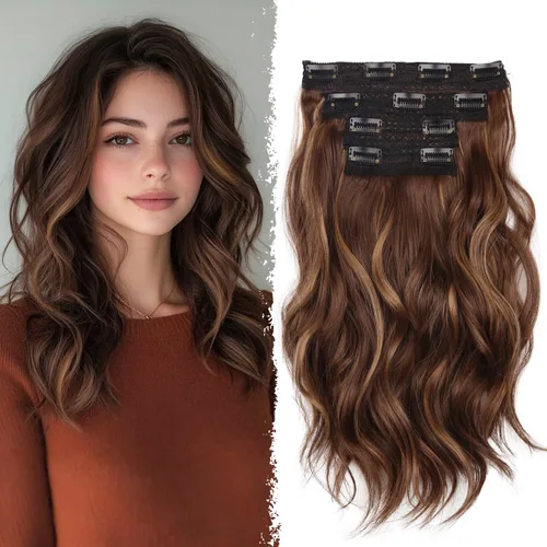 Miniatura 12 de 4 extensiones de cabello sintético con clip, extensiones de cabello rizado de 20 pulgadas de largo con clip (color: marrón medio)