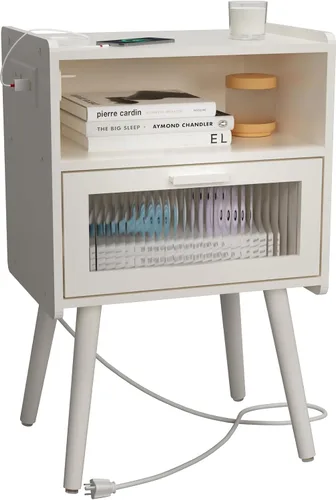 Miniatura 15 de Mesita de noche moderna de mediados de siglo, mesa auxiliar con almacenamiento, mesitas de noche con puerta de cristal, mesa auxiliar con patas