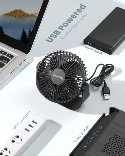 Miniatura 6 de Gaiatop Ventilador de escritorio USB, flujo de aire fuerte de 3 velocidades, portátil de 5.5 pulgadas, rotación de 90°, refrigeración silenciosa