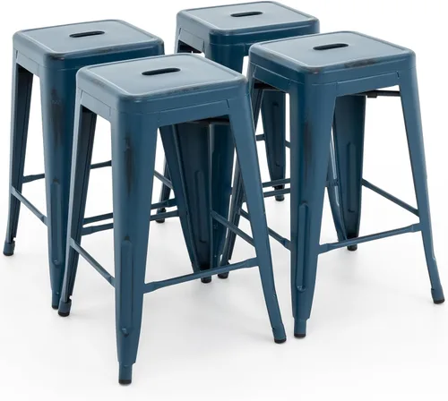 Miniatura 10 de Vogue Furniture Direct 24" Taburetes de bar de metal sin respaldo negros para interiores/exteriores, altura para encimera con asiento cuadrado