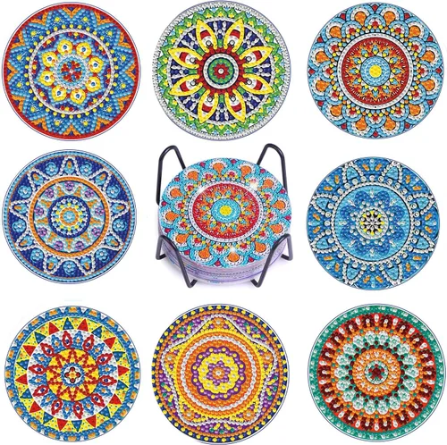 Miniatura 10 de 8 PCS Juego de Posavasos de Arte de Diamantes con Flores, Juego de 8 Posavasos de Pintura de Diamantes con Soporte, Posavasos para Bebidas DIY