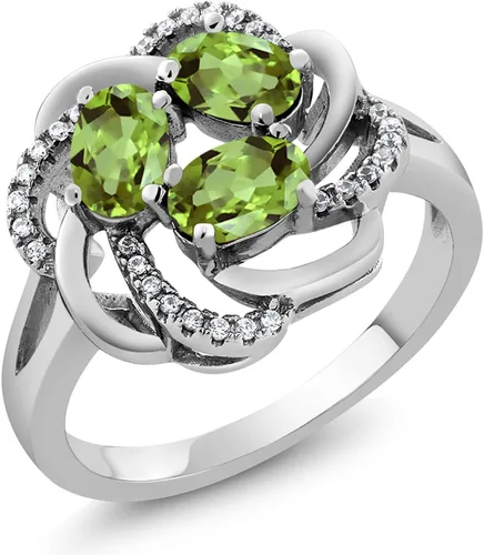 Miniatura 71 de Gem Stone King Flower Blossom Gemstone Birthstone Ring in 925 Sterling Silver 3-Stone Oval 6X4MM with Sparkling Accents Wedding Anniversary