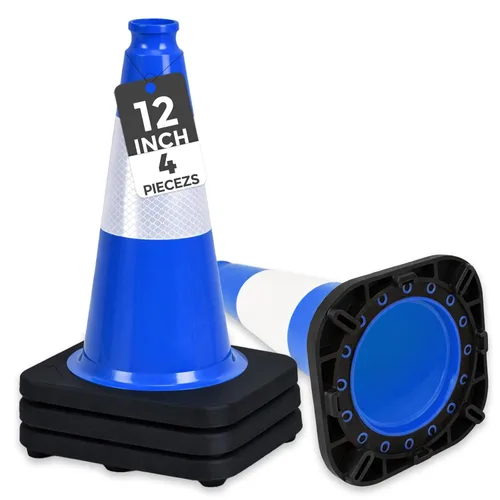 BESEA Paquete de 4 conos de tráfico azules de 12 pulgadas con collar reflectante de 4 pulgadas, conos de seguridad de PVC resistentes con base de