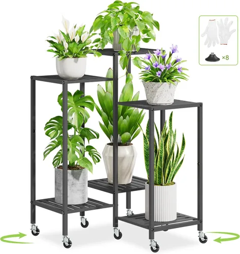Miniatura 11 de iDavosic.ly Soporte para plantas de 4 niveles para interiores con ruedas, estante de metal escalonado para flores al aire libre para macetas Negro