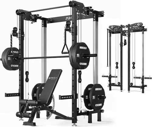Mikolo Folding Squat Rack, Wall Mounted Power Rack with Cable Crossover Machine & LAT Pull Down, Functional Trainer with 5 Adjustable Function