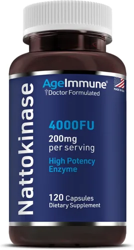 AgeImmune Suplemento de nattoquinasa 4000 FU 200mg - Enzima - Apoyo cardiovascular 120 cápsulas - Derivado de Natto japonés - Fabricado en los