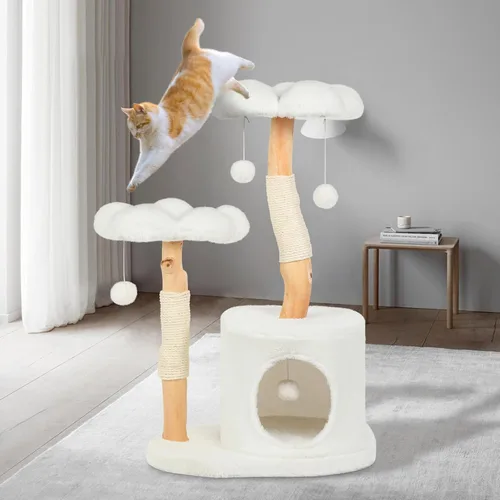 Bonita torre de árbol para gatos de interior y adultos, árboles de madera con 6 pompones, moderna torre de árbol para gatos con poste rascador,