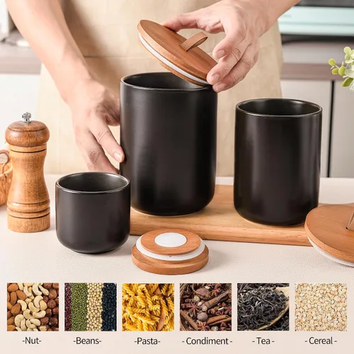 Miniatura 3 de Juego de recipientes de cerámica negra con tapas de bambú, tarros herméticos de almacenamiento de alimentos de 3 piezas para cocina, harina, azúcar