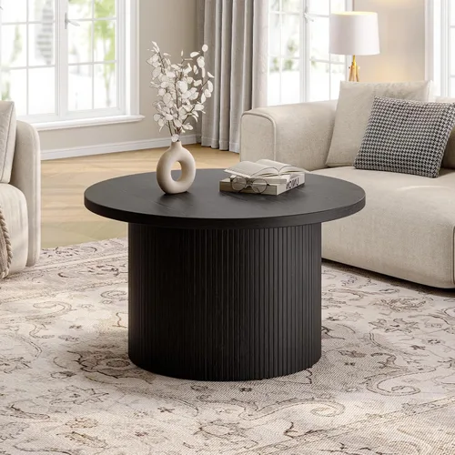 Miniatura 3 de ONBRILL Mesa de centro redonda de 31.5 pulgadas, mesas de centro con diseño de tambor para sala de estar, mesa de centro de madera moderna de Negro