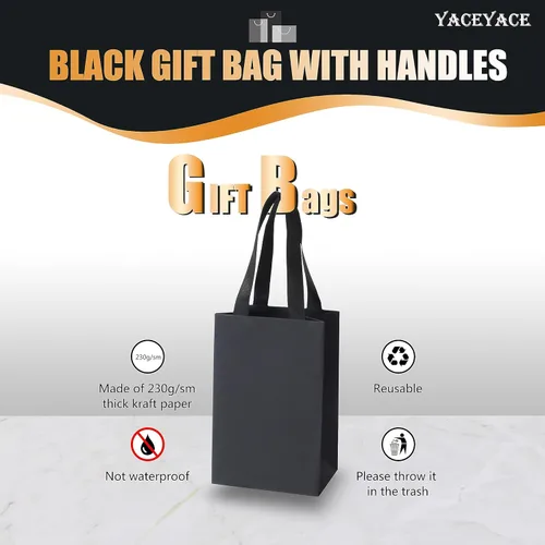 Miniatura 5 de Bolsas de regalo de papel kraft negro, 20 unidades de 5.25 x 3.75 x 8 pulgadas con asas de cinta para bodas, fiestas, cumpleaños, venta al por menor