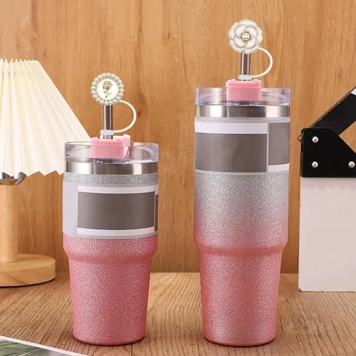 Miniatura 7 de Funda de popote para vaso Stanley de 40 onzas, 30 onzas, perlas brillantes, bonitos accesorios de taza de silicona a prueba de fugas reutilizables