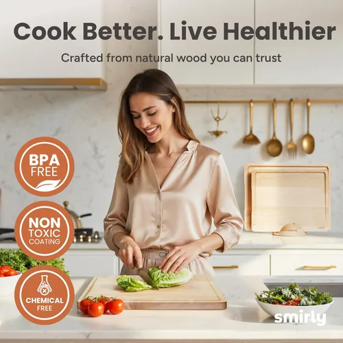 Miniatura 6 de SMIRLY Tabla de cortar de madera para cocina, tablas de cortar de madera de abedul para preparación de comidas, servir, embutidos, utensilios
