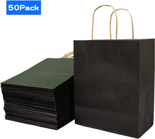 Miniatura 2 de FACEBAG 50 bolsas de papel negras con asas a granel, 8 x 4.25 x 10.5 pulgadas, bolsas de regalo de tamaño mediano para recuerdos de fiesta, comida