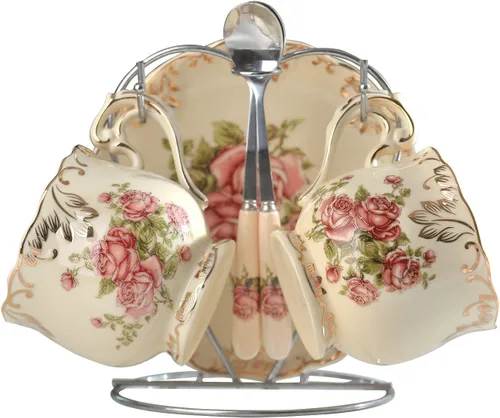Miniatura 12 de YOLIFE Juego de taza de té y platillo, juego de taza de té de 8 oz, taza de té, taza de té de cerámica con platillo y cuchara, arbustos florecidos