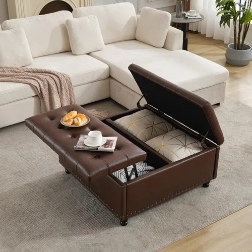 Miniatura 16 de Tbfit Banco otomano de almacenamiento cuadrado grande, mesa de centro otomana tapizada con tapa de elevación y patas de madera maciza, caja de Marrón