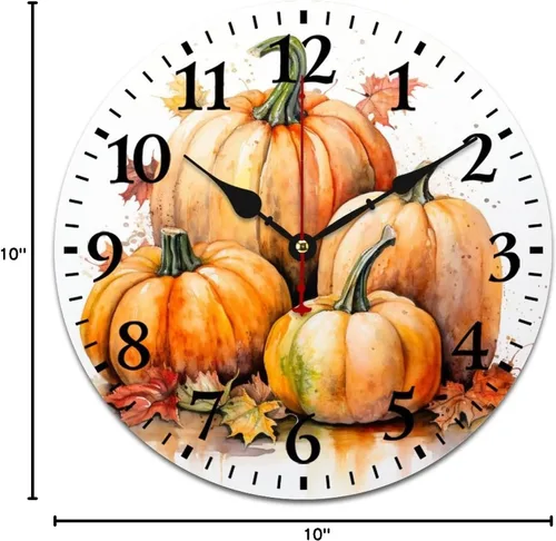 Miniatura 9 de Reloj de pintura de tinta acuarela amarillo verde calabazas hojas redondo creativo reloj decorativo sin tictac Acción de Gracias o Halloween reloj