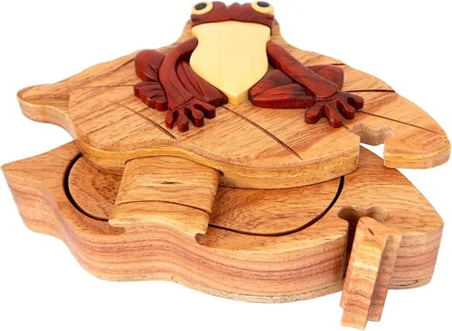Miniatura 2 de Frog on Lily Pad - Caja de rompecabezas de madera natural de Intarsia - Hecho a mano con compartimento secreto