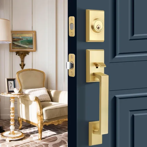 Juego de manijas de puerta delantera de color dorado cepillado, juego de cerradura de puerta exterior con cerrojo de un solo cilindro, reversible