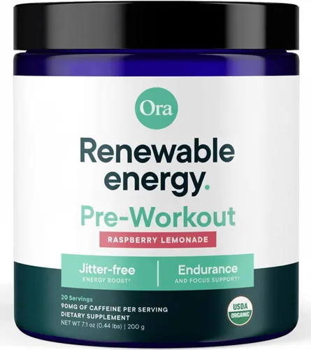 Ora Organic Polvo natural para antes del entrenamiento, sabor a limonada de frambuesa, proporciona energía, enfoque, hidratación y resistencia sin