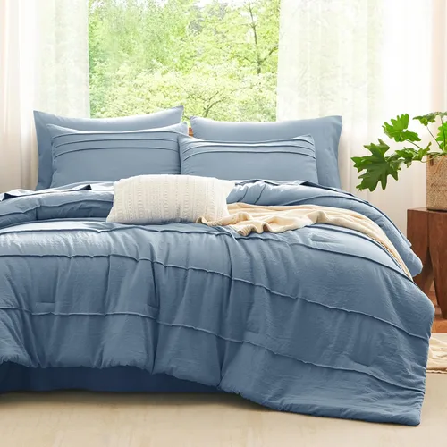 Miniatura 17 de CozyLux Juegos de Edredón Tamaño Full Beige, 7 Piezas Suave Plisado Pinch Pleat Cama en una Bolsa Juego de Edredón Full con Sábanas, Juego de Cama