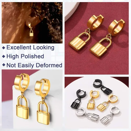 Miniatura 4 de FaithHeart Aretes de aro Huggie para mujer, acero inoxidable, chapado en oro de 18 quilates, aretes colgantes de gota de AnkhCrossCandkBocina