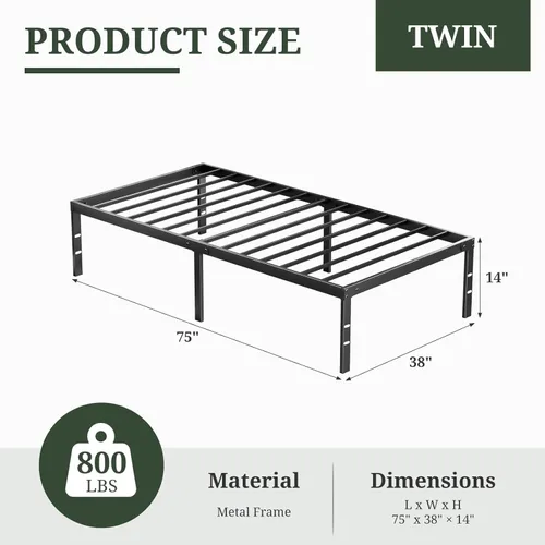 Miniatura 2 de Marco de cama de tamaño individual, marcos de cama de plataforma de metal de 14 pulgadas con soporte de listones de acero resistente, no necesita