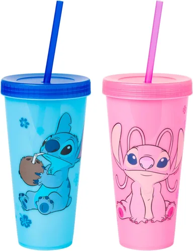 Silver Buffalo Disney Lilo and Stitch Angel Coconut Flowers - Paquete de 2 vasos de plástico que cambian de color, 24 onzas Stitch y ángel