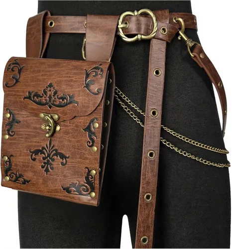 HiiFeuer 2 cinturones medievales DIY con bolsa renacentista vintage de piel sintética, cadenas desmontables para mujer, bolsa delgada para cinturón