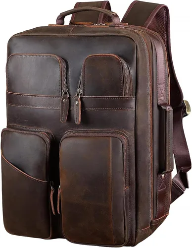 TIDING Mochila para portátil de cuero de grano completo de 17.3 pulgadas para hombres, multibolsillos, casual, mochila de viaje de negocios, Marrón