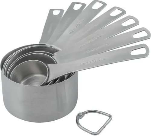 Juego de 7 tazas medidoras de acero inoxidable 18/8 con 1/8, 1/4, 1/3, 1/2, 2/3, 3/4 y 1 taza para cocina y hornear, juego de tazas métricas (C)