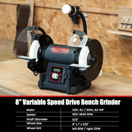 Miniatura 2 de Bucktool Amoladora de banco de velocidad variable VFD de 8 pulgadas, amoladora de rueda profesional sin tambaleo de potencia 1HP con conmutación