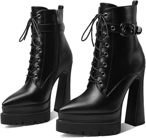 Miniatura 2 de Mattiventon Botas de plataforma para mujer, tacón grueso, punta puntiaguda, botines con cordones al tobillo