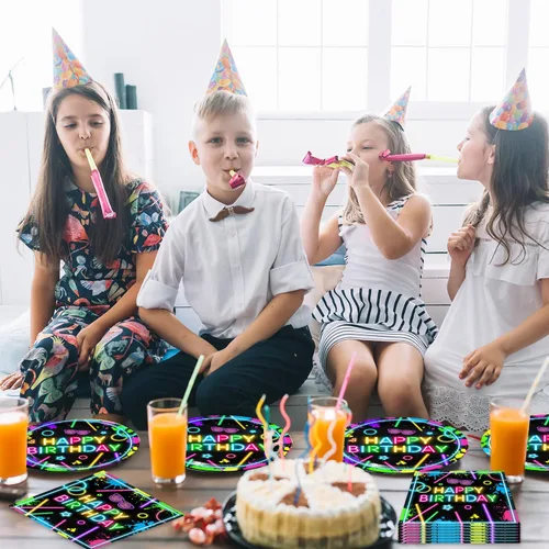 Miniatura 6 de Platos y servilletas de cumpleaños de neón, decoraciones de fiesta, 40 piezas que no brillan para baby shower, decoraciones de fiesta de cumpleaños
