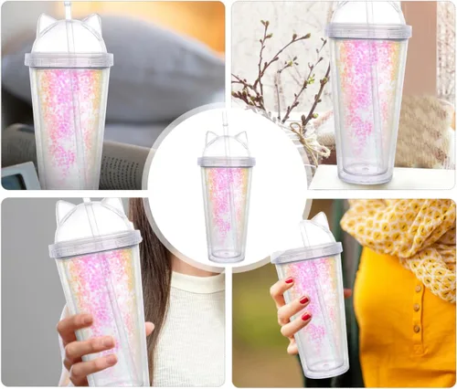 Miniatura 5 de UPKOCH Vaso de agua de doble pared con forma de oreja de gato, vaso de paja de plástico con lentejuelas, elegante botella de bebida reutilizable