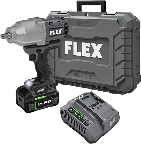 FLEX Llave de Impacto Inalámbrica sin Escobillas de 24V de 1/2 Pulgada 1,150 Pies-Libras de Alto Torque Kit con Batería de Litio de 5.0Ah y Cargador