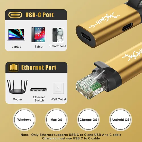 Miniatura 7 de Adaptador USB C a Ethernet, nueva idea RJ45 macho a USB C hembra adaptador de red LAN, chip inteligente incorporado, simplemente inserta cables