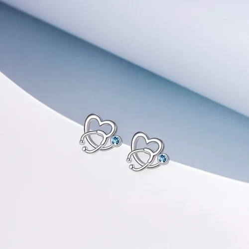 Miniatura 2 de AOBOCO - Aretes tipo dormilona de plata esterlina con forma de estetoscopio y piedras natales de imitación, joyería fina para regalo enfermero
