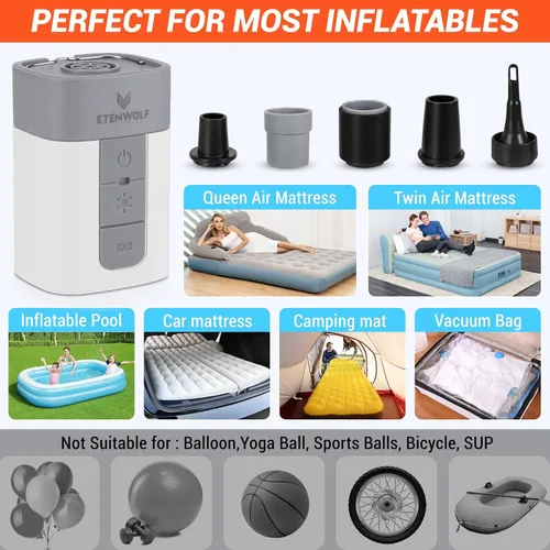 Miniatura 5 de ETENWOLF AIR 5 PRO MAX Bomba de aire para inflables, bomba de aire eléctrica portátil con batería de 10400 mAh, inflador rápido 4 veces
