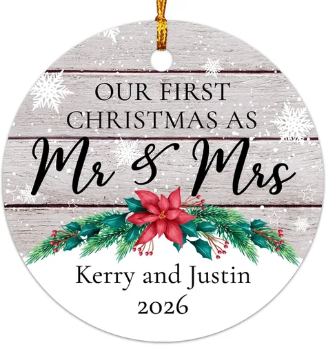 Miniatura 9 de Adorno personalizable con texto en inglés «Our First Christmas As Mr. & Mrs. 2026», adorno personalizado para el Sr. y la Sra. Nombre, primera