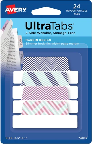 Miniatura 14 de Avery, pestañas para margen Ultra, 2.5 pulgadas x 1 pulgada, escritura en ambos lados, varios metálicos, 24 pestañas de página reposicionables