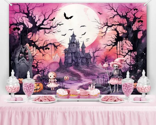 Miniatura 5 de Pancarta de fondo rosa de Halloween, bruja espeluznante, decoración de fiesta de cumpleaños de Halloween, fantasma rosa y negro, decoración de pared