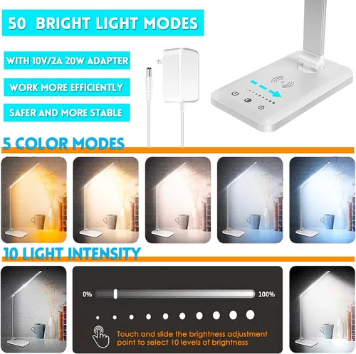 Miniatura 2 de Lámpara de escritorio LED con cargador inalámbrico, puerto de carga USB, 10 niveles de brillo, 5 modos de color, lámparas de escritorio para oficina