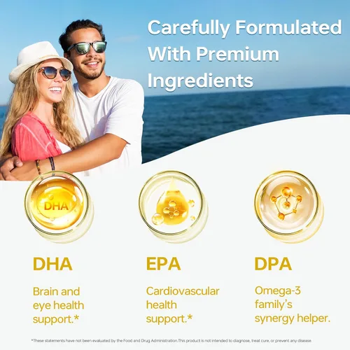 Miniatura 5 de HUJ Aceite de pescado Omega 3 1000 mg cápsulas blandas - EPA+DPA, aceite de pescado Omega 3 para corazón, cerebro, piel, ojos y apoyo