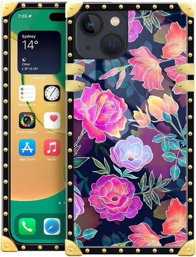 DAIZAG Funda compatible con iPhone 15, hermosas flores doradas, decoración de esquina de metal, TPU suave, a prueba de golpes, antiarañazos