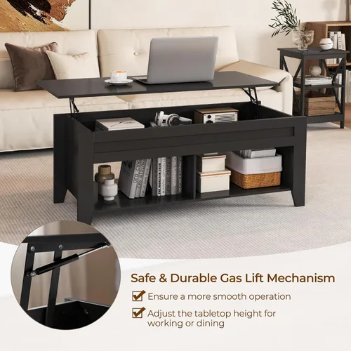 Miniatura 5 de Yaheetech Mesa de centro de madera negra elevable, con almacenamiento oculto y 2 estantes abiertos para sala de estar, recepción, oficina, 39.5 Negro