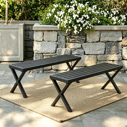 Miniatura 11 de Black Outdoor Bench, Outdoor Metal Backless Bench Set of 2, 46" Patio Garden Bench for Outdoor, All Wheather Outdoor Bench for Garden, Backyard
