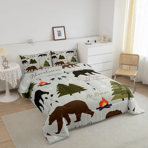 Miniatura 3 de Juego de ropa de cama Happy Camping de Homewish, tamaño individual, con diseño de osos cazadores y pinos, para niños, hombres, adultos, decoración